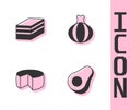 Set Avocado fruit, Piece of cake, Cheese and Onion icon. Vector Royalty Free Stock Photo