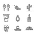 Set Avocado, Mexican sombrero, Taco with tortilla, Tequila bottle, wrestler, drum, Cactus and Maracas icon. Vector