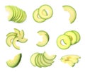 Set of avocado slices on background