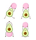 Set of avocado yoga with pink fitball. Avocado character on white background. Morning exercises or yoga for pregnant