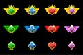 Set of award badges for casino and 2D game. Ranking game icons - heart, spade, club and diamond Royalty Free Stock Photo