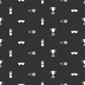 Set Award cup with bicycle, Sport cycling sunglasses, bottle water and Bicycle chain gear on seamless pattern. Vector Royalty Free Stock Photo