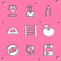 Set Award cup, Graduate and graduation cap, Drawing compass, Protractor grid, Abacus, Apple, Speech bubble chat and