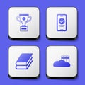 Set Award cup, Online quiz, test, survey, Book and Cloud or online library icon. White square button. Vector Royalty Free Stock Photo