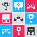 Set Award cup, Portable video game console and Gamepad icon. Vector Royalty Free Stock Photo