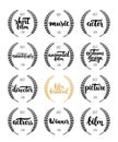 Set of awards for best film, actor, actress, director, music, picture, winner and short film with wreath and 2016 text Royalty Free Stock Photo