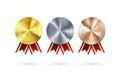 Set of Awards. Golden Silver and Bronze medals with laurel hanging and red ribbon. Award symbol of victory and success. Vector Royalty Free Stock Photo