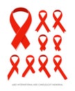 Set Awareness red vector ribbon, symbol of AIDS memorial day on white