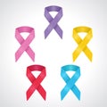 Set of 5 awareness ribbon symbol of World Cancer Day, Breast Cancer, Children cancer, Prostate Cancer, World Aids Day