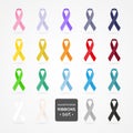 Set of awareness ribbons. Realistic style. Vector illustration, flat design Royalty Free Stock Photo