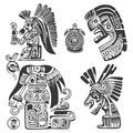 Collection of Aztec Style Gods and Symbols, Black and White Vector Illustration Royalty Free Stock Photo