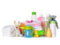 Set of baby accessories on background