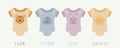 Set of 4 baby bodysuits, rompers for stickers. Baby shower and gender party concept. Ready to print for scrapbooking, clothes,
