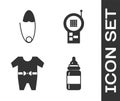 Set Baby bottle, Classic steel safety pin, Baby clothes and Baby Monitor Walkie Talkie icon. Vector