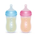 Set of baby bottle milk set of two isolated suck bottles, realistic images with beaker, vector illustration Royalty Free Stock Photo