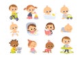 Set of baby characters. Babies playing with toys. Royalty Free Stock Photo