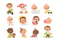 Set of baby characters. Babies playing with toys. Royalty Free Stock Photo