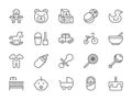 Set of Baby and Childhood Line Icons. Toys, Bicycle, Nipple, Stroller and more. Royalty Free Stock Photo