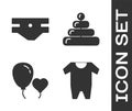 Set Baby clothes, Baby absorbent diaper, Balloons in form of heart and Pyramid toy icon. Vector Royalty Free Stock Photo