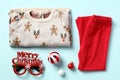 Set of baby clothes for Christmas. Stylish Childrens outfit, kids clothing collection on color background Royalty Free Stock Photo