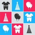 Set Baby clothes, Party hat and Balloons with ribbon icon. Vector Royalty Free Stock Photo