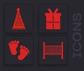 Set Baby crib cradle bed, Party hat, Gift box and Baby footprints icon. Vector Royalty Free Stock Photo