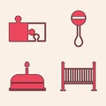 Set Baby crib cradle bed, Piece of puzzle, Rattle baby toy and Cake with burning candles icon. Vector