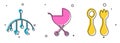 Set Baby crib hanging toys, Baby stroller and Baby cutlery with fork and spoon icon. Vector