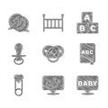 Set Baby dummy pacifier, ABC book, clothes pin, blocks and icon. Vector Royalty Free Stock Photo