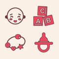 Set Baby dummy pacifier, Happy little boy head, ABC blocks and Rattle baby toy icon. Vector Royalty Free Stock Photo
