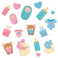 Set of baby elements in blue and pink