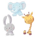 Set of baby elephant bunny and giraffe. Cartoon style Royalty Free Stock Photo