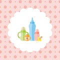 Set of baby feeding bottles, pacifier. Royalty Free Stock Photo