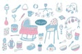 Set of baby goods or equipment in color doodle style Royalty Free Stock Photo