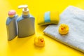 Set of baby hygiene and bath items with shampoo bottle and soap Royalty Free Stock Photo