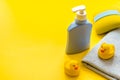 Set of baby hygiene and bath items with shampoo bottle and soap Royalty Free Stock Photo