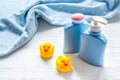 Set of baby hygiene and bath items with shampoo bottle and soap Royalty Free Stock Photo