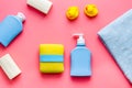 Set of baby hygiene and bath items with shampoo bottle and soap. Top view Royalty Free Stock Photo