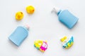 Set of baby hygiene and bath items with shampoo bottle and soap. Top view Royalty Free Stock Photo
