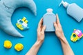 Set of baby hygiene and bath items with shampoo bottle and soap. Top view Royalty Free Stock Photo