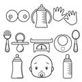 Set baby Icons, isolated line art on a white background. Bib, bottle, pacifier, spoon, fork, scales, breastfeeding, breast, bosom Royalty Free Stock Photo