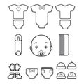 Set baby Icons, isolated line art on a white background. Bodysuit, panties, diaper, hat, mitten, sock, safety pin, comb, face Royalty Free Stock Photo