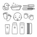 Set baby Icons, isolated line art on a white background. Shampoo, cream, comb, duck, bathtub, thermometer, footprint, palmprint, Royalty Free Stock Photo