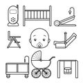 Set baby Icons, isolated line art on a white background. Stroller, carousel, bed, monitor, cradle, high chair, face, car seat, Royalty Free Stock Photo