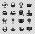 Set Baby, Lollipop, ABC blocks, dummy pacifier, Toy train, Speech bubble dad, and potty icon. Vector