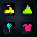 Set Baby onesie, Toy car, Lollipop and Pyramid toy. Black square button. Vector