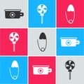 Set Baby potty, Lollipop and Classic steel safety pin icon. Vector