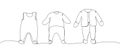 Set of baby rompers, children s clothing, overalls one line art. Continuous line drawing of clothes, dress, children s