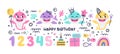 Set of Baby Shark Birthday cute vector marine colorful illustrations with number one, two, three, four, five, fish, wave Royalty Free Stock Photo