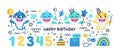 Set of Baby Shark Birthday cute vector marine colorful illustrations with number one, two, three, four, five, fish, wave Royalty Free Stock Photo